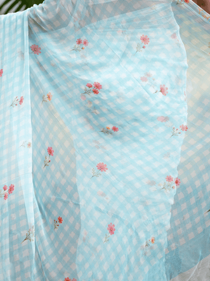Slow Sunday - Powder Blue Gingham Print Pure Chiffon Partywear Saree