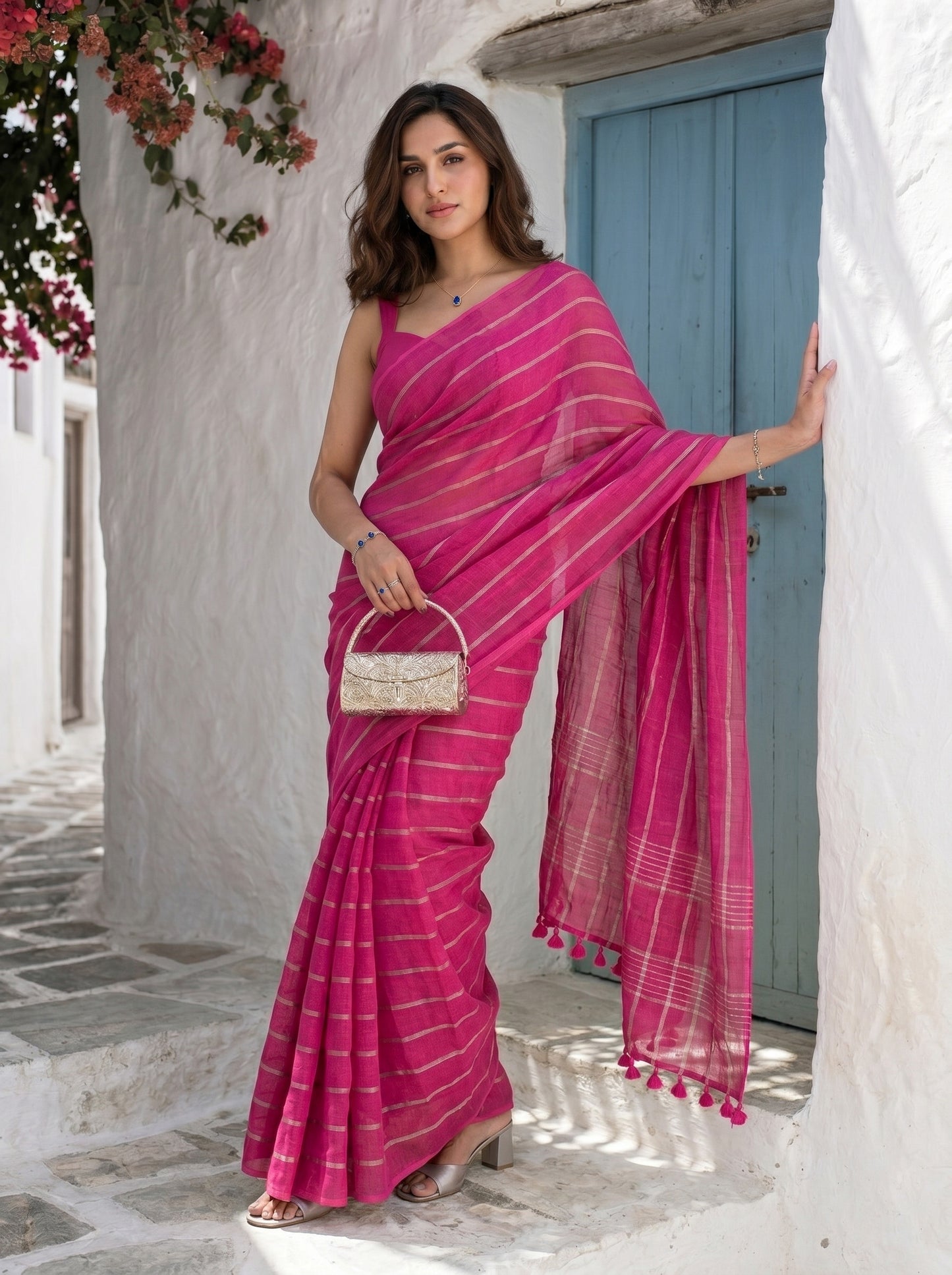 Statement - Pink Striped Pure Handloom Linen Saree with Zari Border