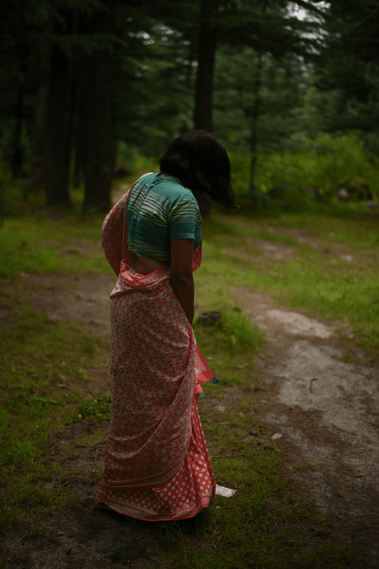 Coral Handwoven Handprinted Muslin Saree - Mayin India 