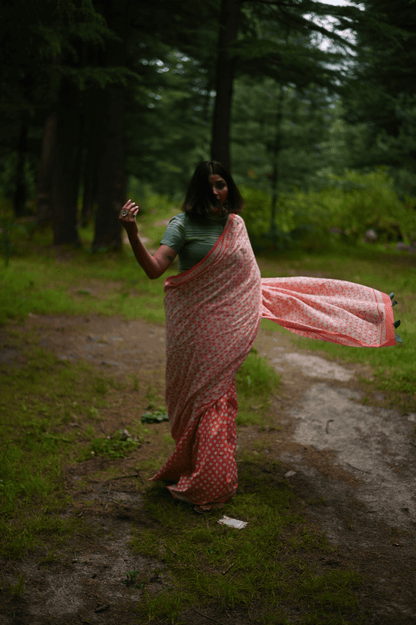Coral Handwoven Handprinted Muslin Saree - Mayin India 