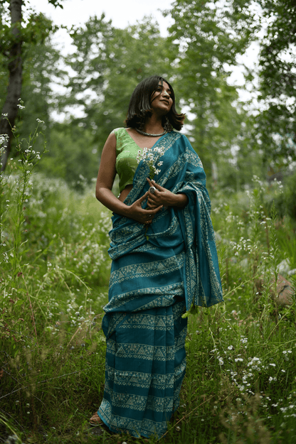 Teal Handprinted Handwoven Chanderi Saree - Mayin India 