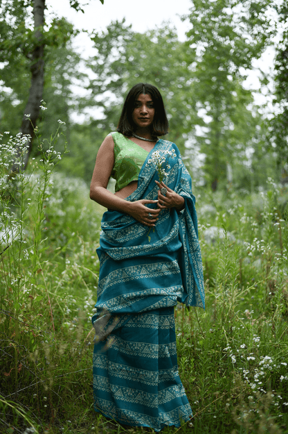 Teal Handprinted Handwoven Chanderi Saree - Mayin India 