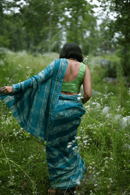 Teal Handprinted Handwoven Chanderi Saree - Mayin India 