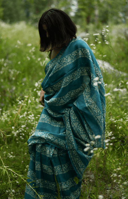 Teal Handprinted Handwoven Chanderi Saree - Mayin India 