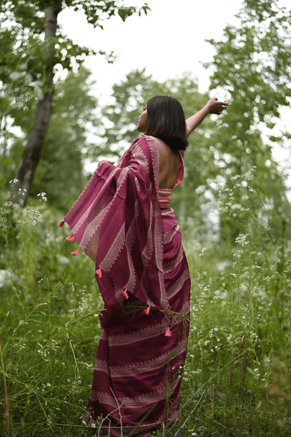 Fuschia Handprinted Handwoven Chanderi Saree - Mayin India 