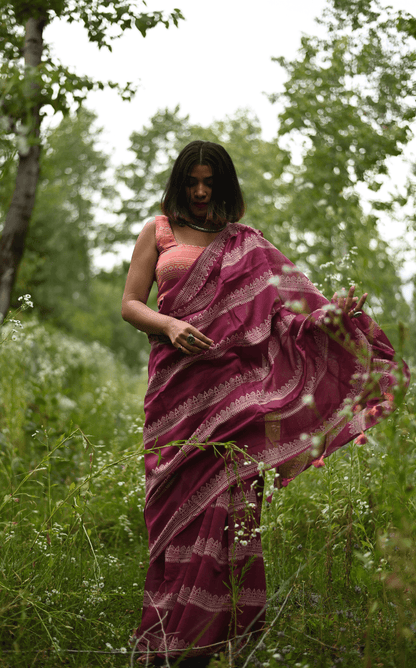 Fuschia Handprinted Handwoven Chanderi Saree - Mayin India 