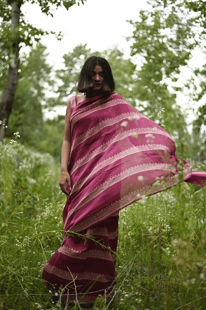 Fuschia Handprinted Handwoven Chanderi Saree - Mayin India 