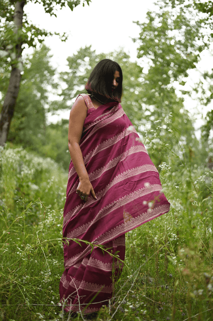 Fuschia Handprinted Handwoven Chanderi Saree - Mayin India 