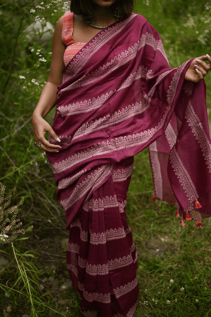 Fuschia Handprinted Handwoven Chanderi Saree - Mayin India 