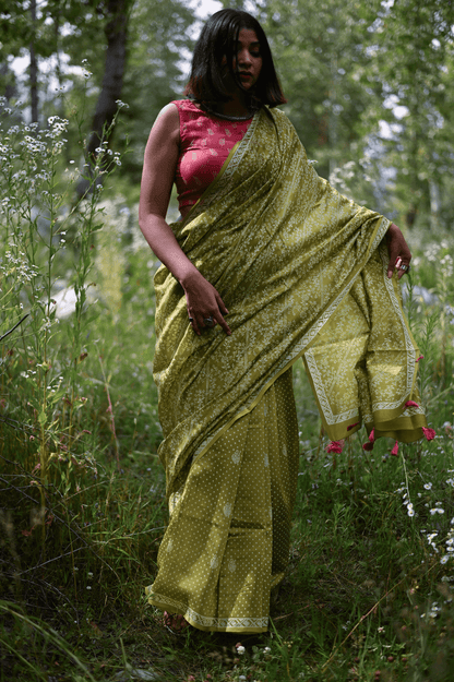 Mehendi Handprinted Handwoven Chanderi Saree - Mayin India 