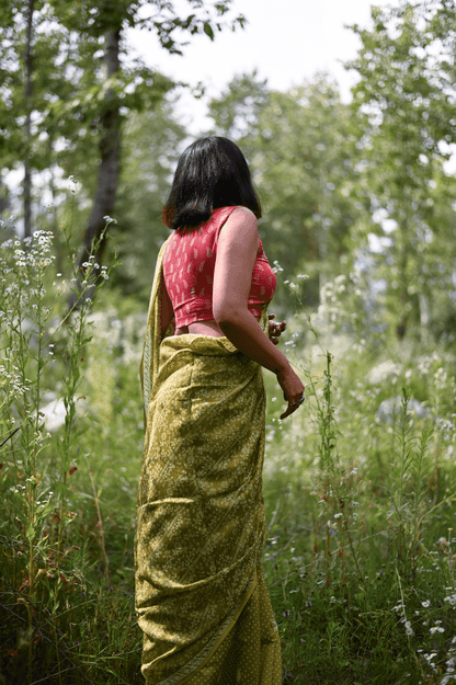 Mehendi Handprinted Handwoven Chanderi Saree - Mayin India 