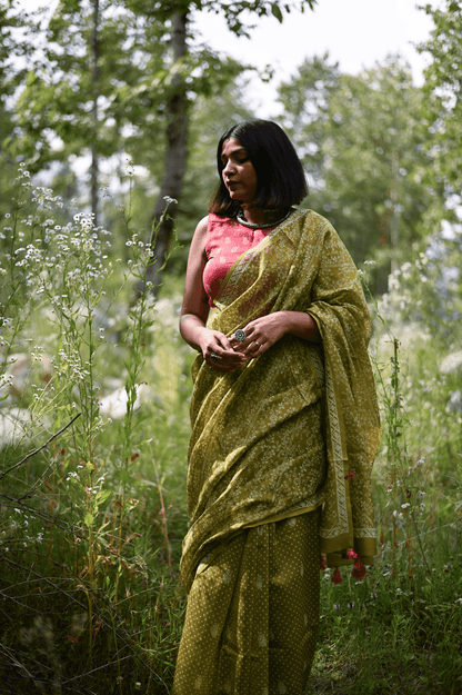Mehendi Handprinted Handwoven Chanderi Saree - Mayin India 
