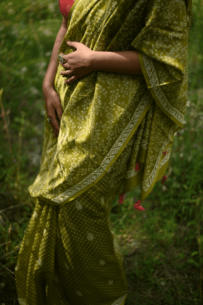 Mehendi Handprinted Handwoven Chanderi Saree - Mayin India 