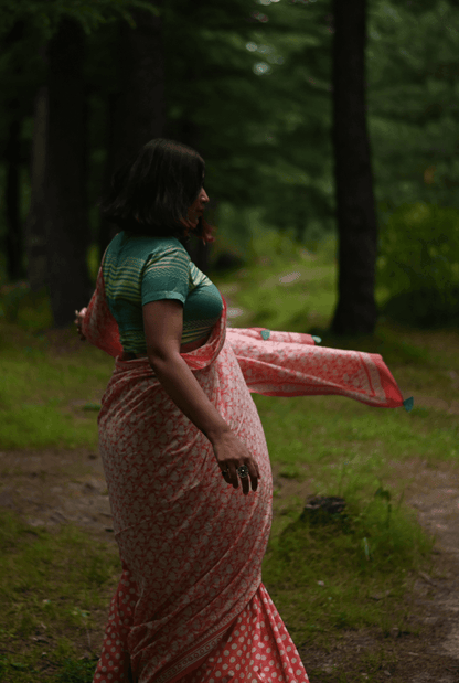 Coral Handwoven Handprinted Muslin Saree - Mayin India 