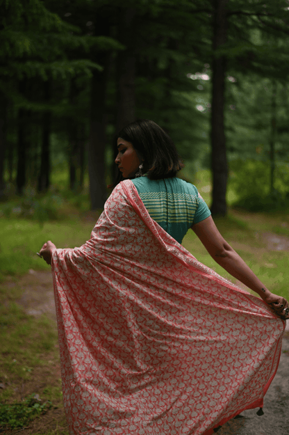 Coral Handwoven Handprinted Muslin Saree - Mayin India 