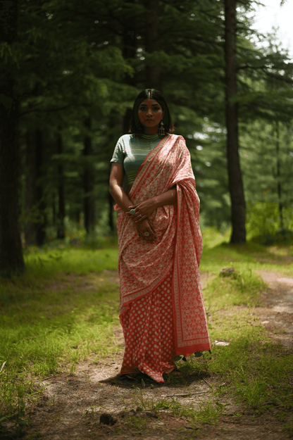 Coral Handwoven Handprinted Muslin Saree - Mayin India 