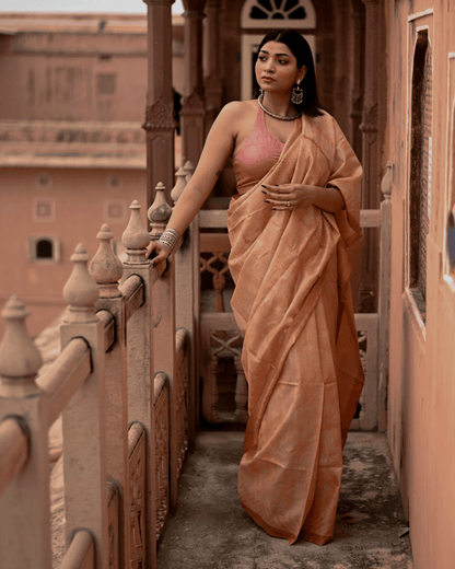 Dusty Peach Shibori Tussar Silk Saree - Mayin India 