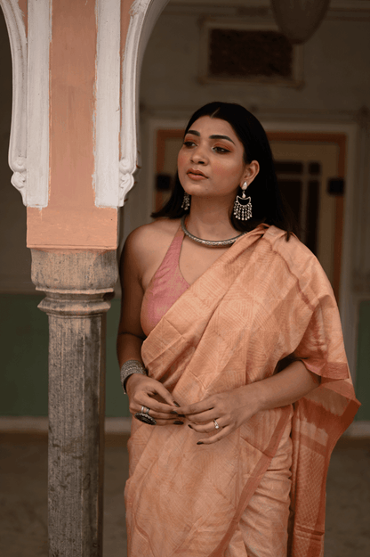 Dusty Peach Shibori Tussar Silk Saree - Mayin India 