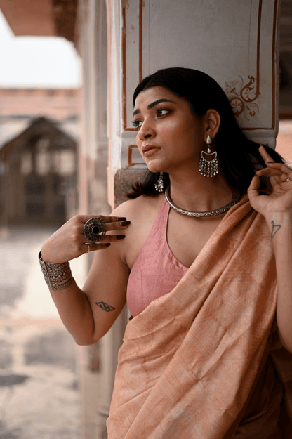 Dusty Peach Shibori Tussar Silk Saree - Mayin India 