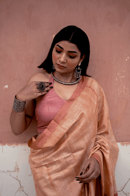Dusty Peach Shibori Tussar Silk Saree - Mayin India 