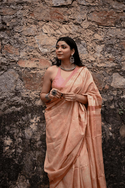 Dusty Peach Shibori Tussar Silk Saree - Mayin India 