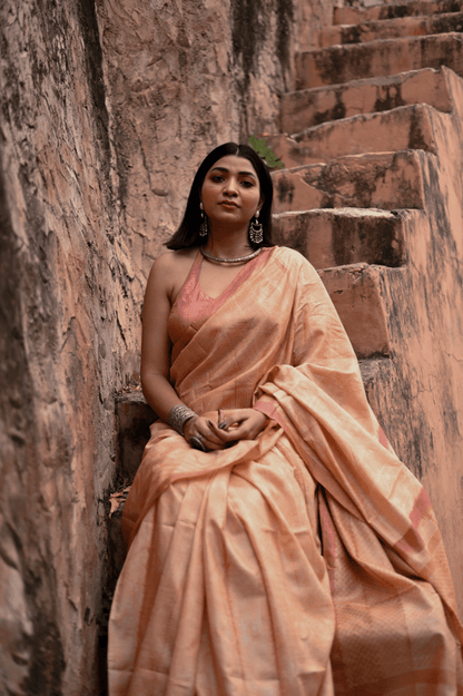Dusty Peach Shibori Tussar Silk Saree - Mayin India 