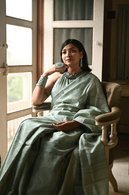 Pastel Green Shibori Tussar Silk Saree - Mayin India 