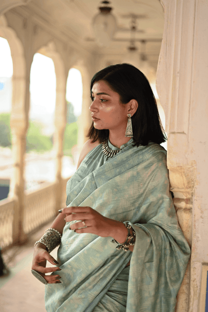 Pastel Green Shibori Tussar Silk Saree - Mayin India 