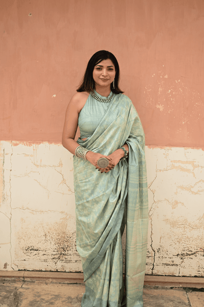 Pastel Green Shibori Tussar Silk Saree - Mayin India 