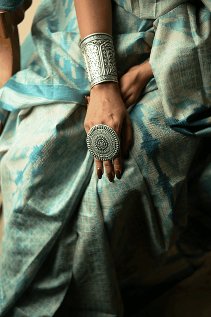 Teal Blue Shibori Tussar Silk Saree - Mayin India 