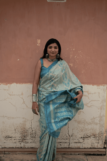 Teal Blue Shibori Tussar Silk Saree - Mayin India 