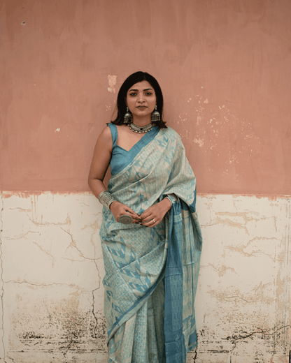 Teal Blue Shibori Tussar Silk Saree - Mayin India 