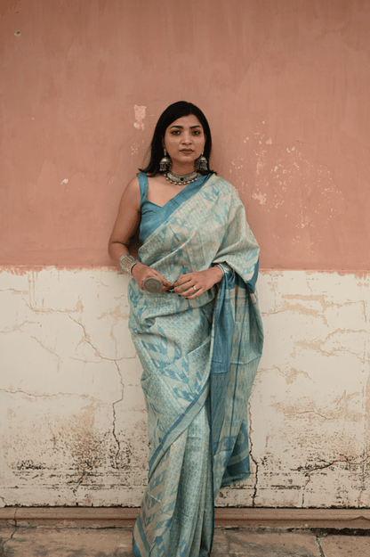 Teal Blue Shibori Tussar Silk Saree - Mayin India 