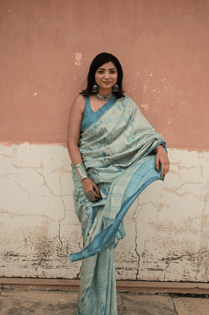 Teal Blue Shibori Tussar Silk Saree - Mayin India 