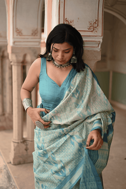 Teal Blue Shibori Tussar Silk Saree - Mayin India 