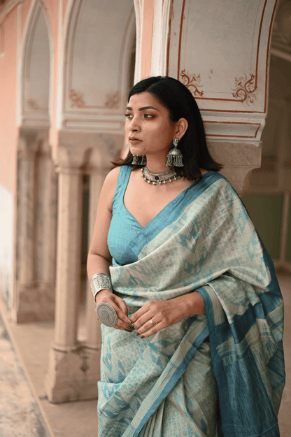 Teal Blue Shibori Tussar Silk Saree - Mayin India 