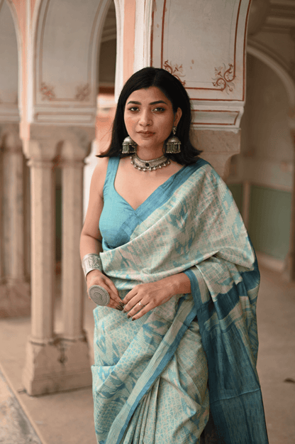 Teal Blue Shibori Tussar Silk Saree - Mayin India 