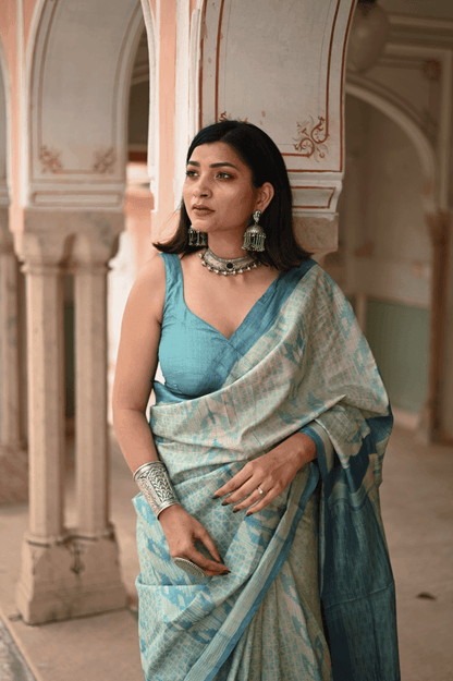 Teal Blue Shibori Tussar Silk Saree - Mayin India 