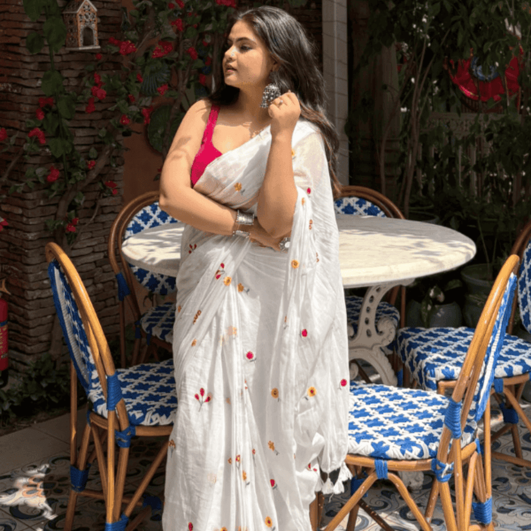 Gardenalia White Mul Saree