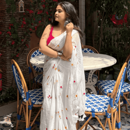 Gardenalia White Mul Saree