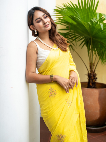 Yellow floral embroidered mul cotton saree by MAYIN India