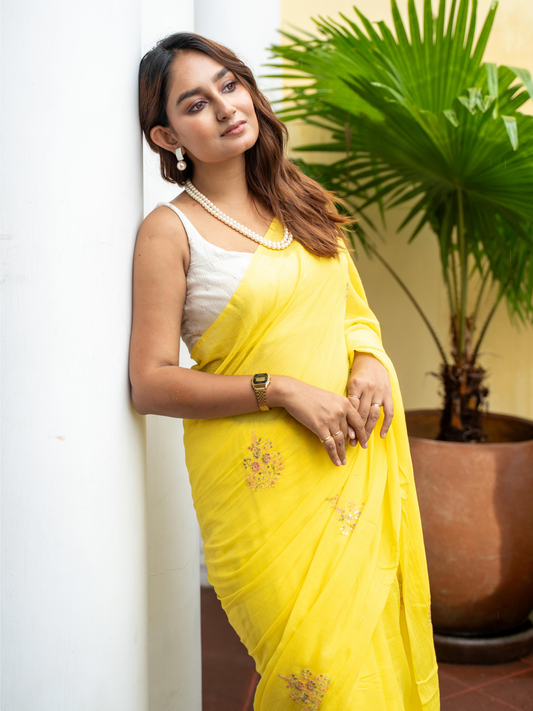 Marigold-yellow embroidered Mul Cotton Saree